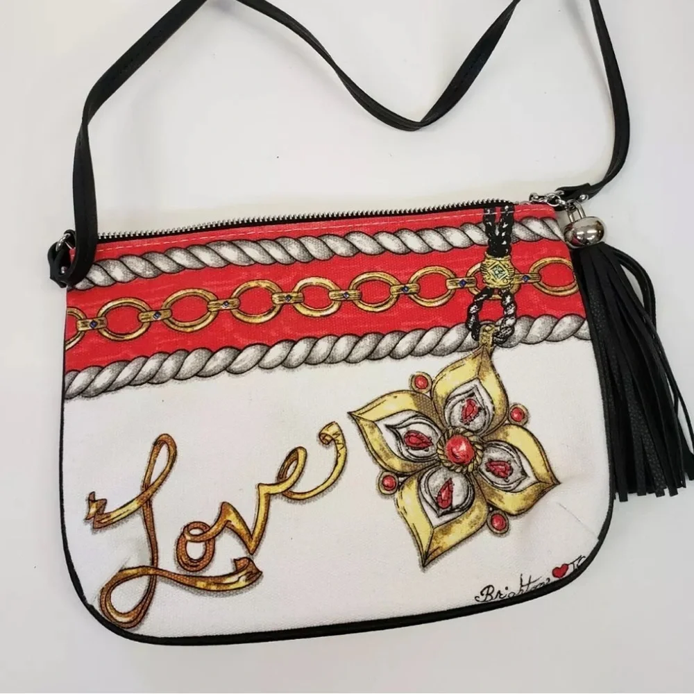 Brighton Glitter &Go Pouch Jewels Love Chain Print Tassel MiniCrossbody Bag NWOT